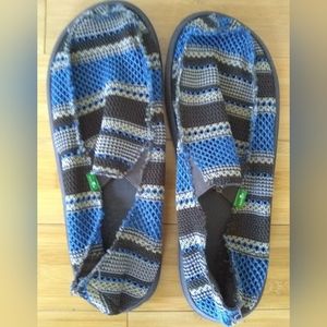 Sanuk Yew Knit men's size 13 brown blue sandal house shoe loafer like new